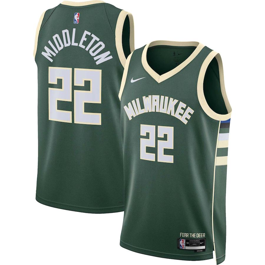 Men Milwaukee Bucks 22 Khris Middleton Nike Hunter Green Icon Edition 2022-23 Swingman NBA Jersey